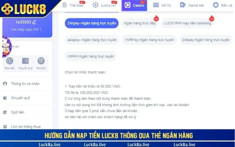 Hướng dẫn nạp tiền LUCK8 thông qua thẻ ngân hàng