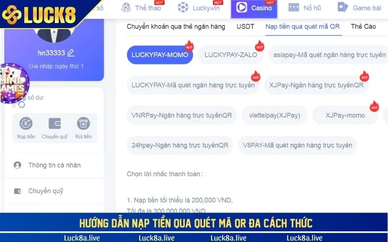 Hướng dẫn nạp tiền qua quét mã QR đa cách thức